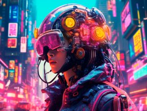 Cyberpunk illustration with neon colors and futuristic technology